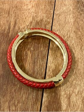 Red Braided Leather and Gold Hinged Bracelet